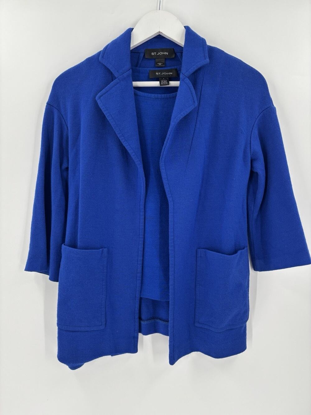 St John Cobalt Blue Wool Blend Knit Twinset Jacket Tank Set 2 Piece P Open Front